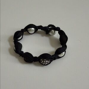 Neiman Marcus Pearl and Crystal Bracelet Wrapped In Black Ribbon